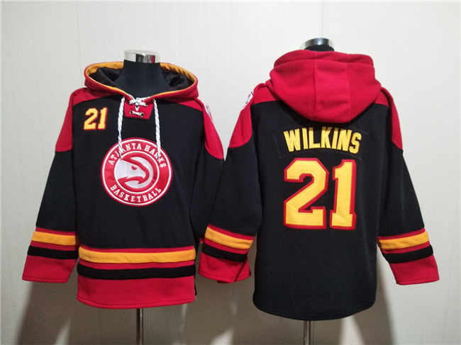 Men's Atlanta Hawks #21 Dominique Wilkins Black/Red Lace-Up Pullover Hoodie